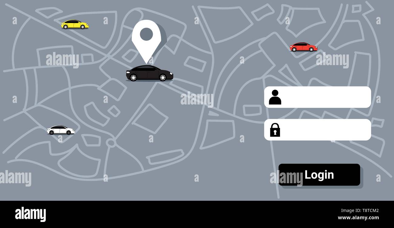 Vetture con perno di locazione sulla mappa della città di ordinazione online di taxi car sharing concetto applicazione mobile trasporto carsharing service app sketch doodle Illustrazione Vettoriale