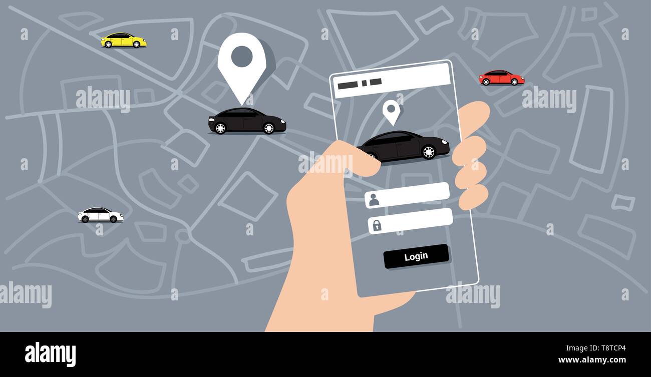 Mano umana utilizzando mobile app di ordinazione online di taxi car sharing concetto lo schermo dello smartphone mappa della città trasporti servizio carsharing schema applicativo Illustrazione Vettoriale