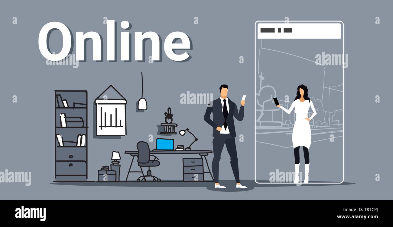 Uomo in chat con eleganti donna nella schermata dello smartphone chat online concetto giovane utilizzando l'applicazione mobile workplace office interni disegno colorato Illustrazione Vettoriale