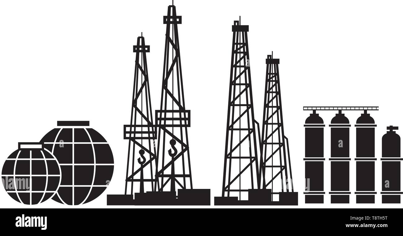 Risorse energetiche: petrolio e gas trivelle, estrazione, distillazione frazionata, e serbatoi di stoccaggio. Illustrazione Vettoriale