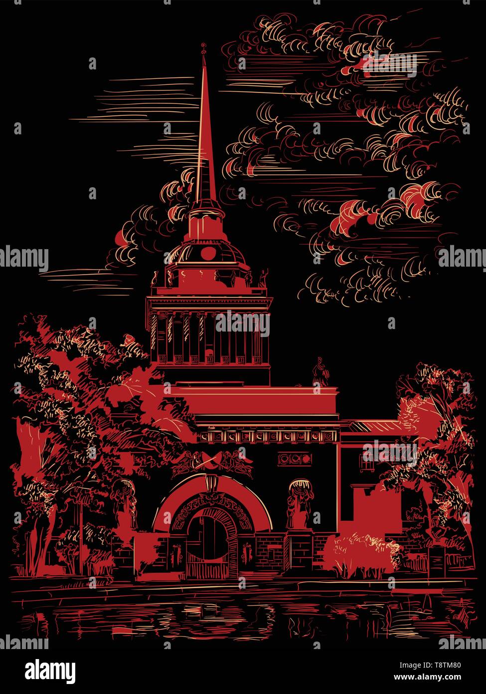 Paesaggio di Admiralty Building, San Pietroburgo, Russia. Vista frontale della vecchia Admiralty Building da giardino. Vettore isolato del disegno a mano illustratio Illustrazione Vettoriale