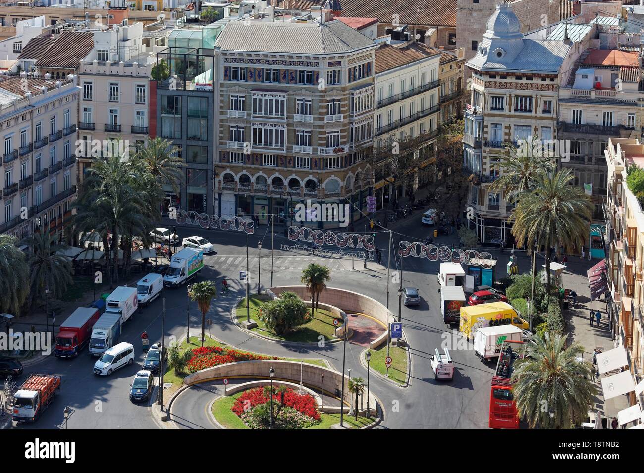 Plaça de la Reina, vista dalla torre della chiesa Micalet, Valencia, Spagna Foto Stock