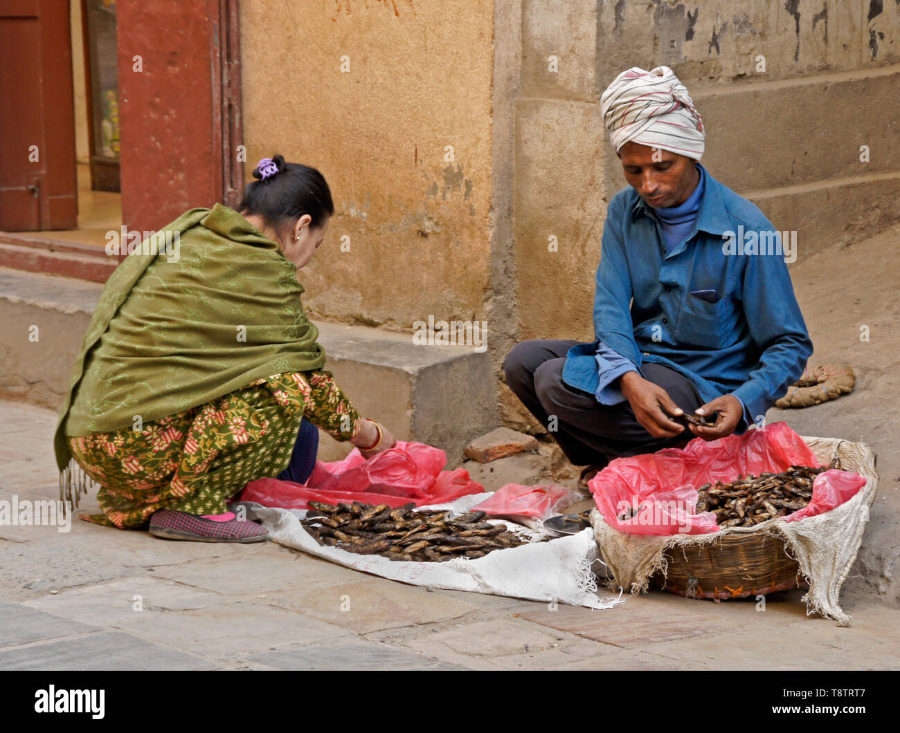 Venditore ambulante di vendita pesce essiccato per donna in abito tradizionale, Kathmandu, Nepal Foto Stock