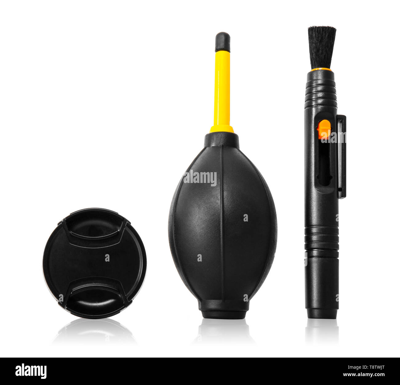 Lente di ingrandimento penna, pennello del ventilatore e il coperchio a lente Colore Nero Tool (simbolo) per pulire attrezzature fotografiche. Pulizia della fotocamera impostato isolato su bianco Studio Foto Stock