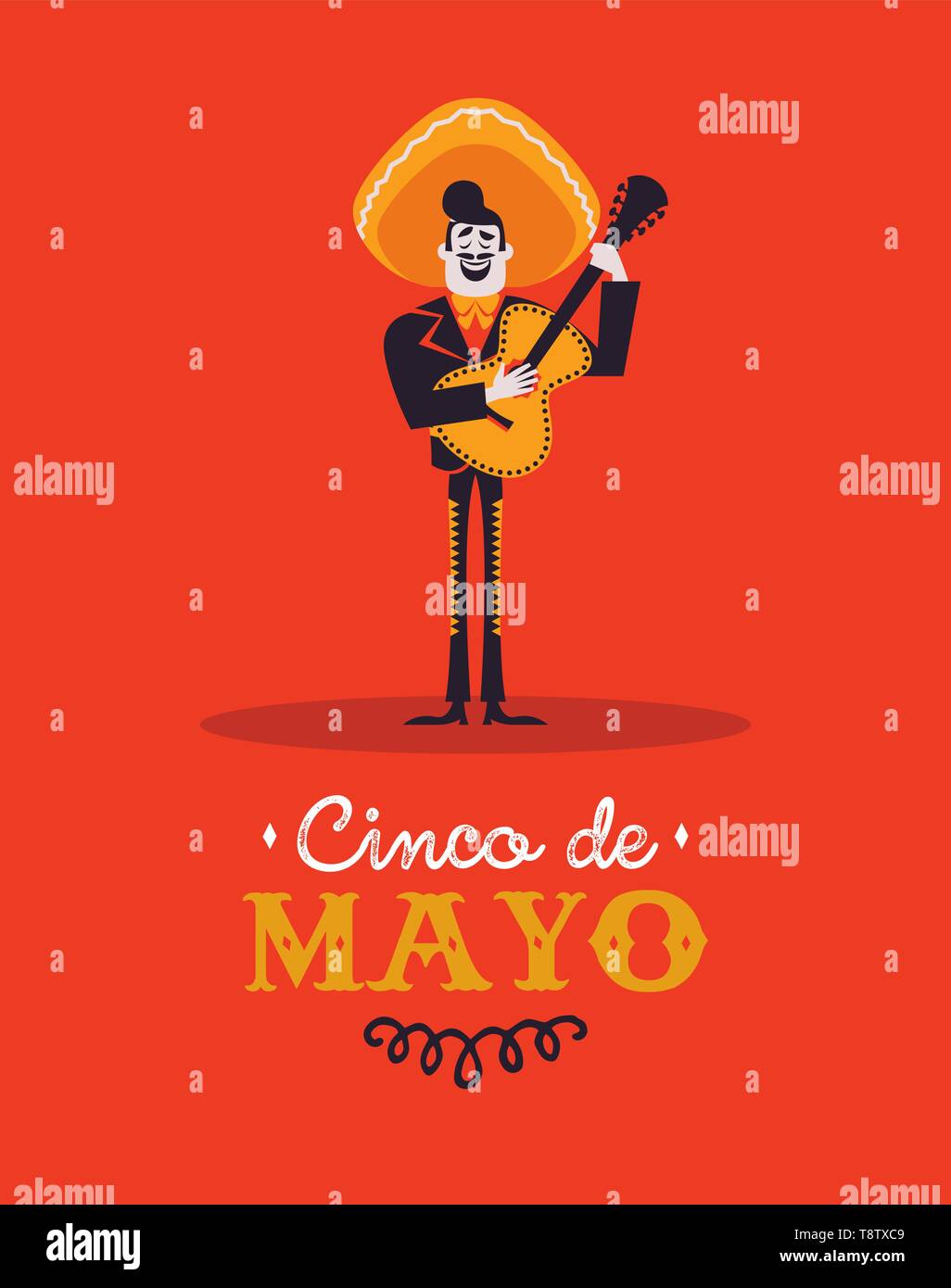 Happy Cinco de Mayo greeting card illustrazione per l'indipendenza messicana holiday celebrazione. Cartoon mariachi uomo con grande cappello a suonare la chitarra su rosso B Illustrazione Vettoriale