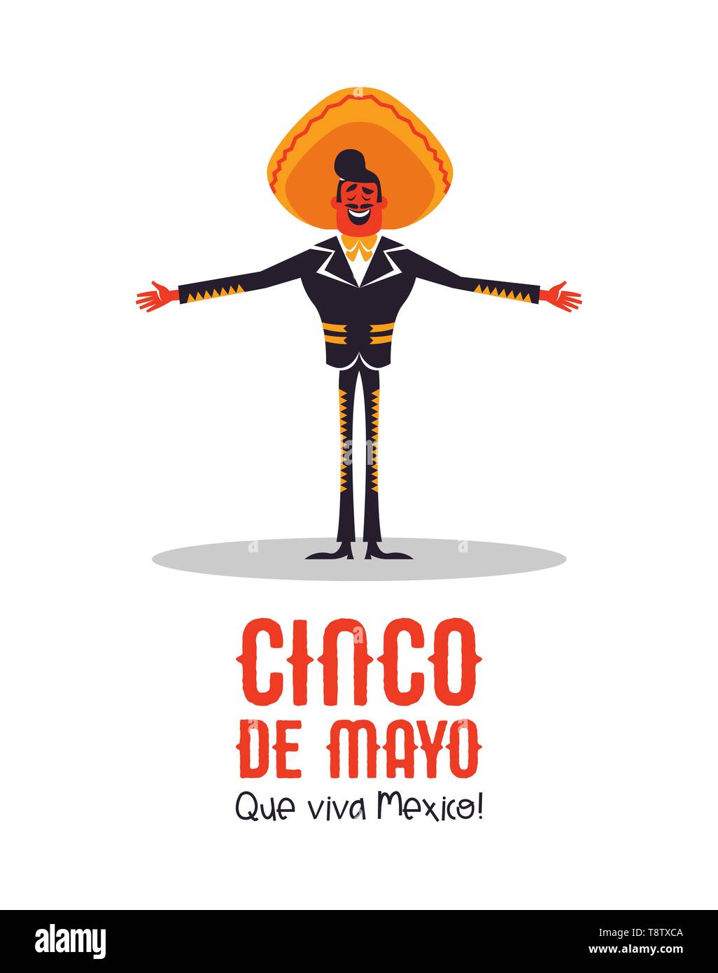 Happy Cinco de Mayo greeting card illustrazione per l'indipendenza messicana holiday celebrazione. Cartoon mariachi uomo cantante con grande cappello. Illustrazione Vettoriale