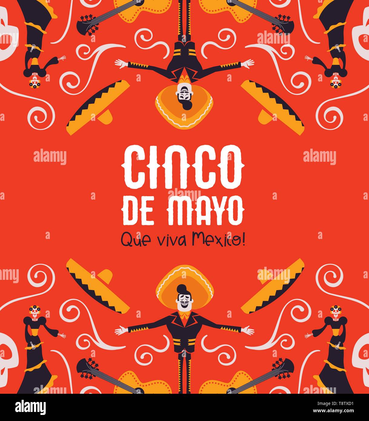 Cinco de Mayo illustrazione per l'indipendenza messicana celebrazione. Cartoon colorato sfondo della tradizionale cultura del Messico decorazione. Include mariac Illustrazione Vettoriale