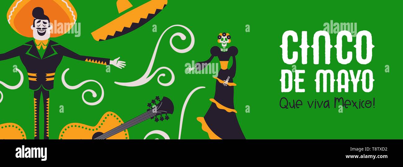 Cinco de Mayo banner web illustrazione per l'indipendenza messicana con la tradizionale cultura del Messico decorazione. Include mariachi, grande cappello, chitarra e skel Illustrazione Vettoriale