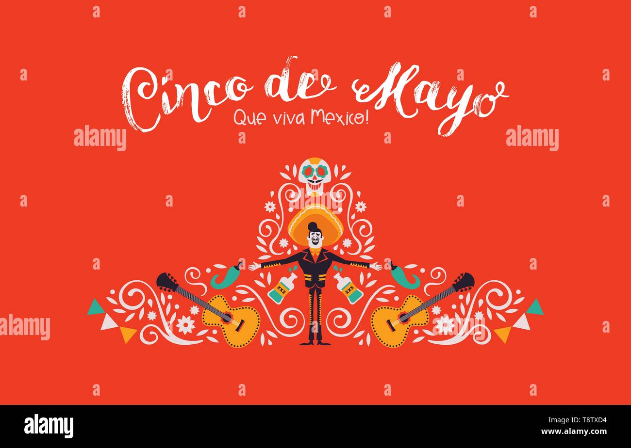 Cinco de Mayo illustrazione per l'indipendenza messicana celebrazione. Cappello tradizionale forma realizzato in Messico la cultura della decorazione. Include mariachi, hot peppe Illustrazione Vettoriale