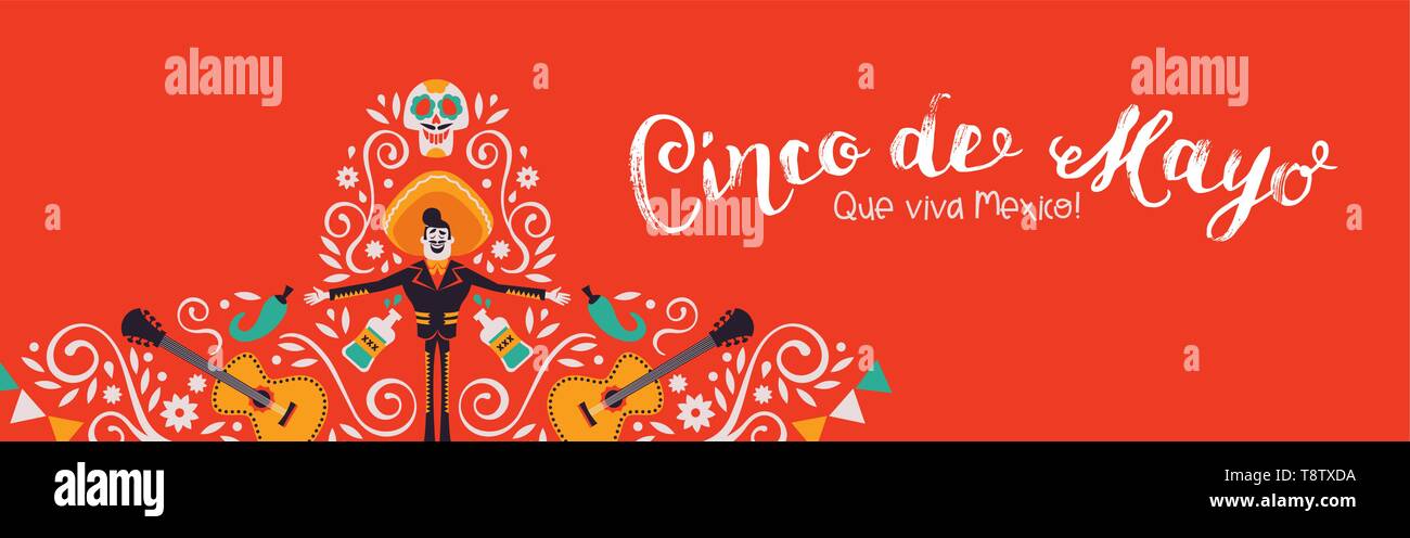 Cinco de Mayo banner web illustrazione per l'indipendenza messicana celebrazione. Cappello tradizionale forma realizzato in Messico la cultura della decorazione. Include mariachi Illustrazione Vettoriale