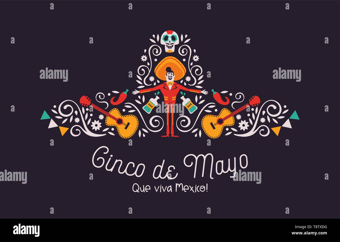 Happy Cinco de Mayo greeting card illustrazione per il Messico celebrazione di indipendenza. Big Mexican Hat con la cultura tradizionale decor. Include mari Illustrazione Vettoriale
