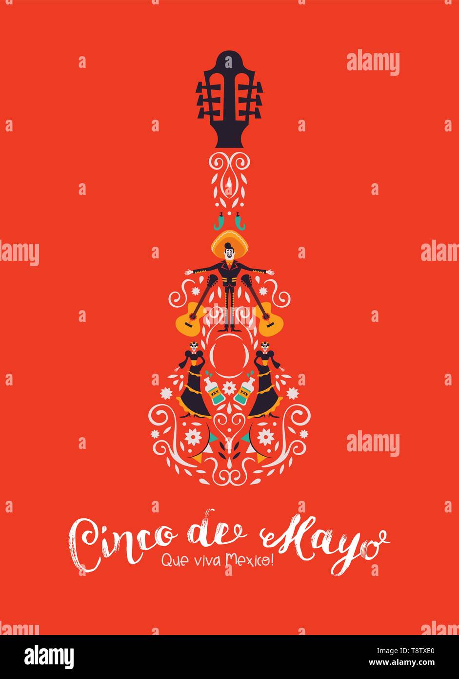 Cinco de Mayo illustrazione per l'indipendenza messicana celebrazione. Chitarra forma realizzato in Messico la cultura della decorazione. Include mariachi, peperoncino, e sk Illustrazione Vettoriale
