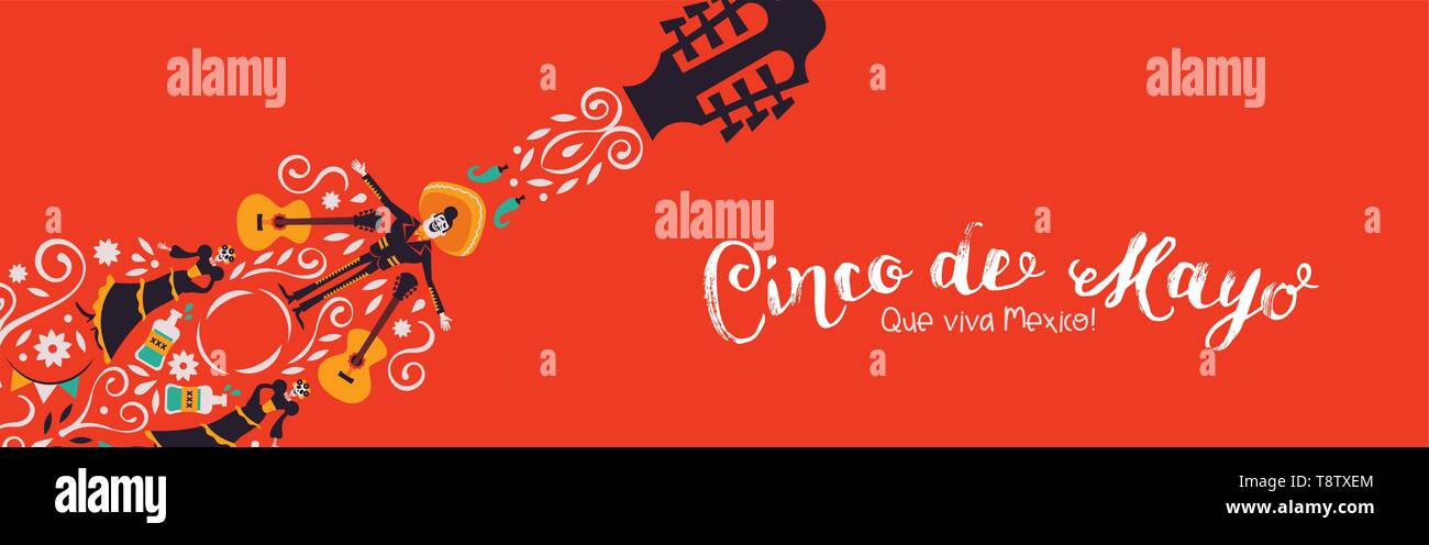 Cinco de Mayo banner illustrazione per l'indipendenza messicana celebrazione. Chitarra forma realizzato in Messico la cultura della decorazione. Include mariachi, peperoncino, Illustrazione Vettoriale