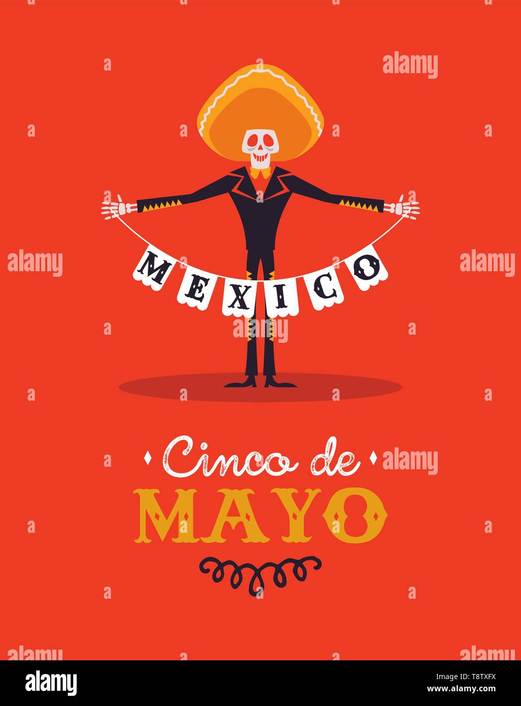 Happy Cinco de Mayo greeting card illustrazione per l'indipendenza messicana holiday celebrazione. Lo scheletro di festosa mariachi cantante con grande cappello. Illustrazione Vettoriale