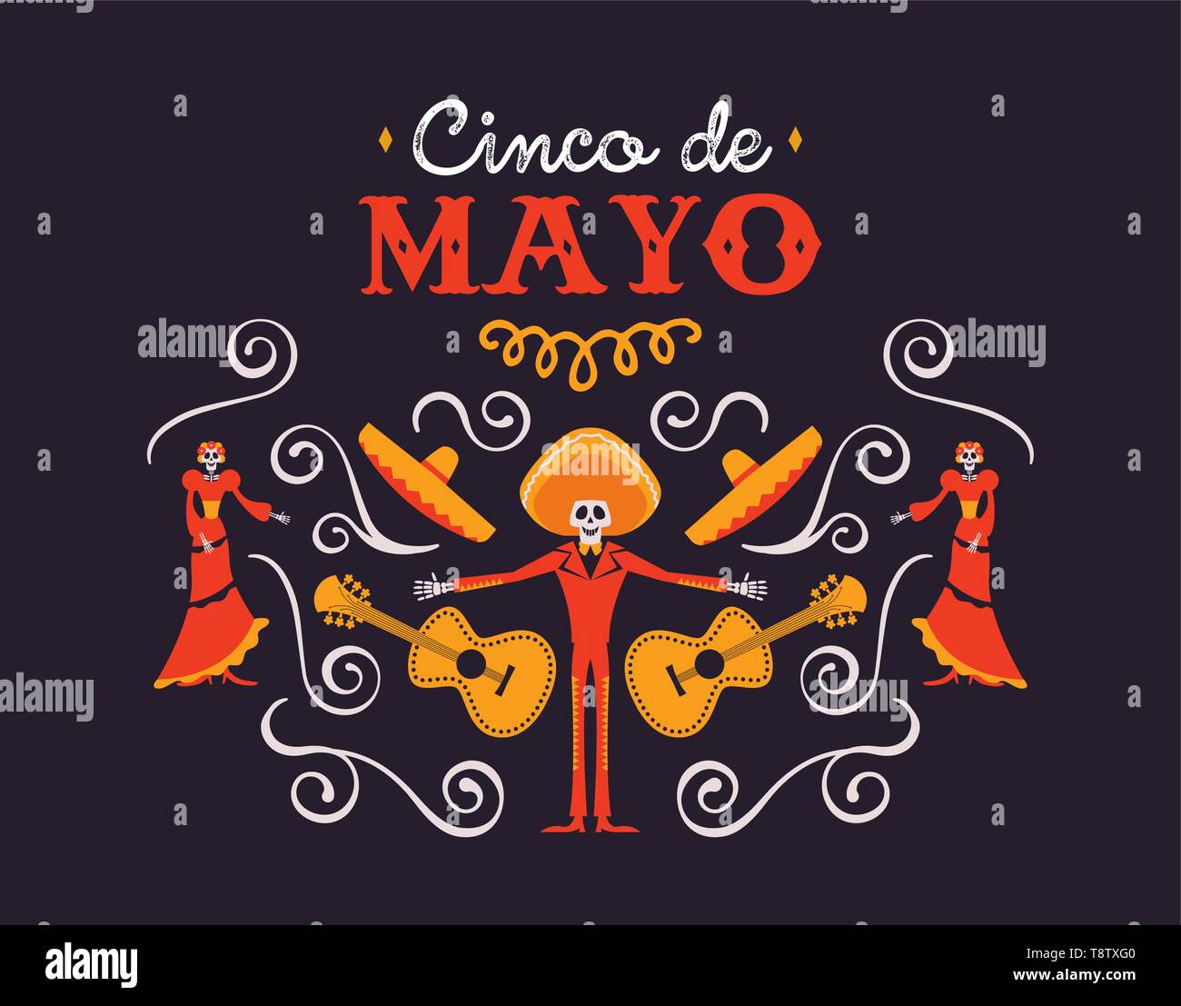 Cinco de Mayo illustrazione per l'indipendenza messicana celebrazione. Cartoon sfondo della tradizionale cultura del Messico decorazione. Include morti mariachi, Illustrazione Vettoriale