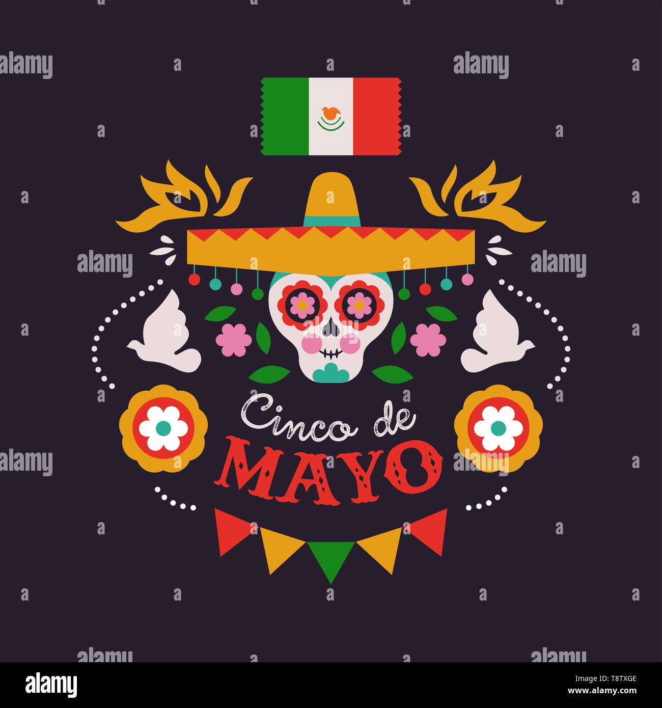 Happy Cinco de Mayo greeting card illustrazione per l'indipendenza messicana holiday celebrazione. Cartoon teschio di zucchero con mariachi hat e tradizionale cul Illustrazione Vettoriale