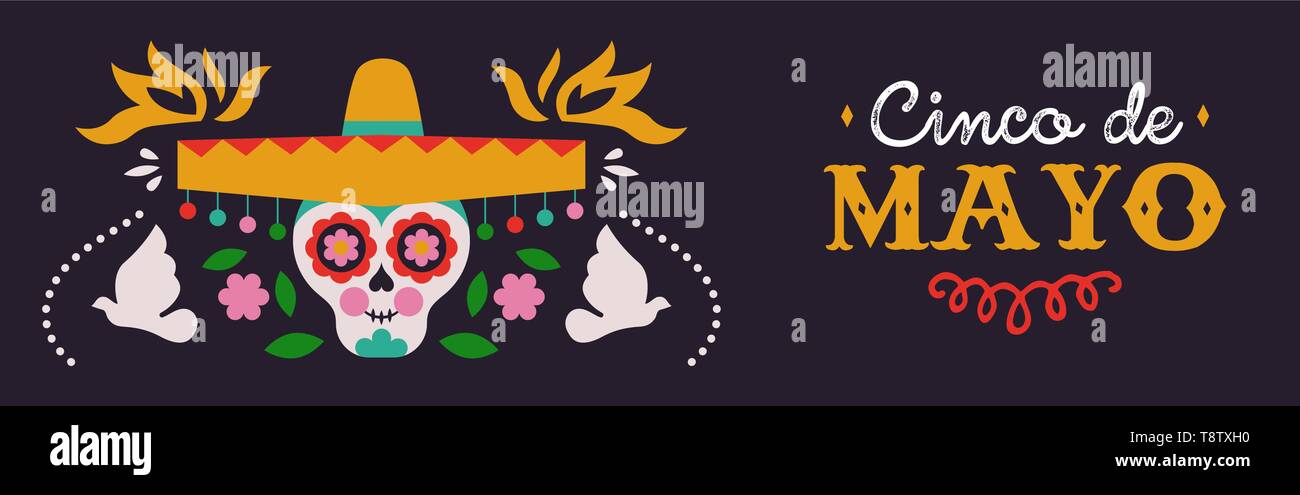 Happy Cinco de Mayo banner web illustrazione per l'indipendenza messicana holiday celebrazione. Cartoon teschio di zucchero con mariachi hat e tradizionale cultur Illustrazione Vettoriale