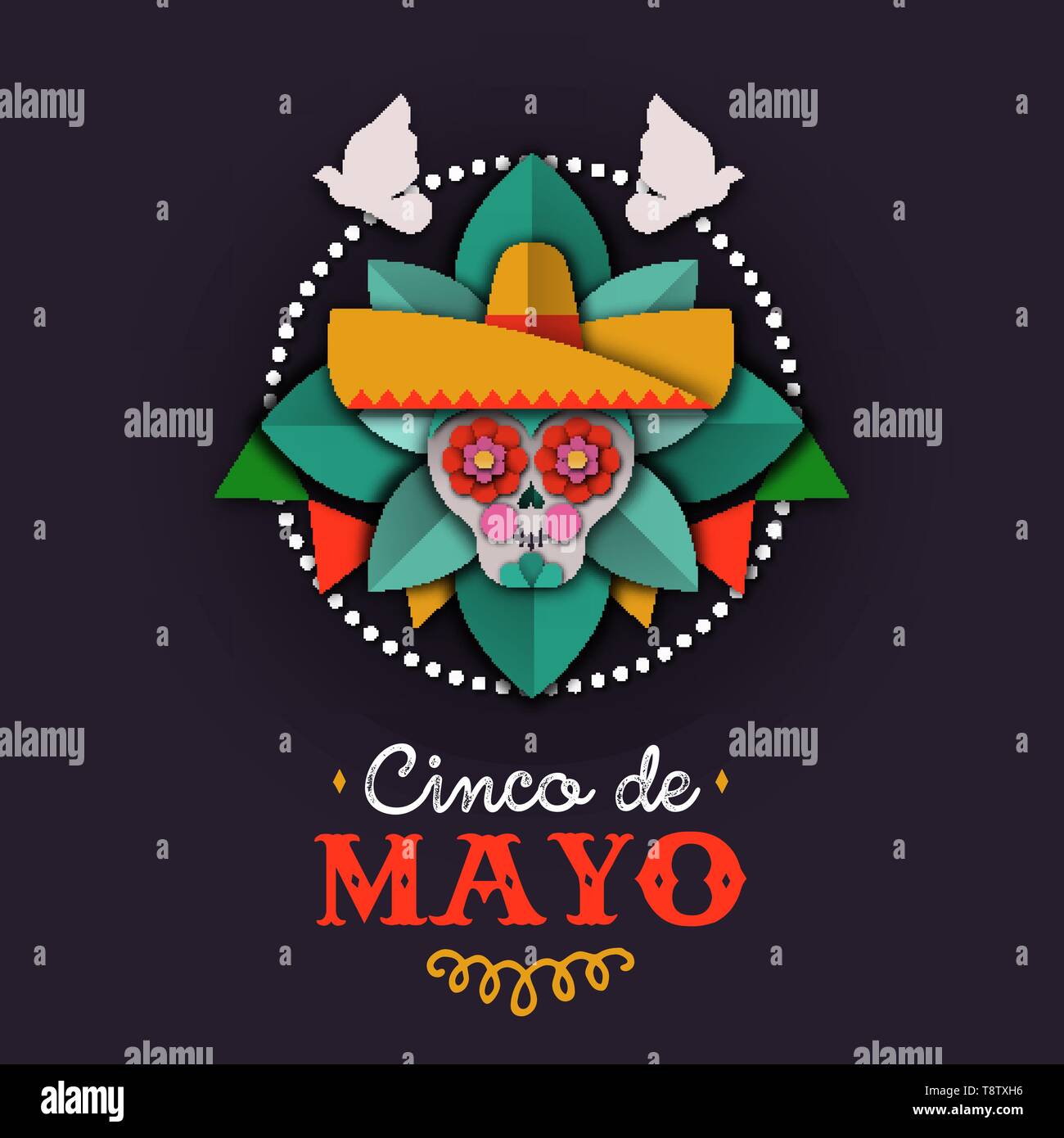 Happy Cinco de Mayo greeting card illustrazione per l'indipendenza messicana celebrazione. Papercut teschio di zucchero con mariachi hat e natalizio decora Illustrazione Vettoriale