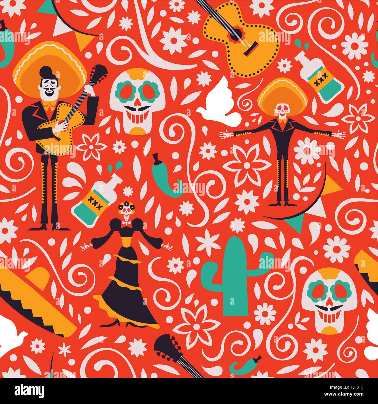 Messicano modello senza soluzione di continuità con la tradizionale cultura del Messico decorazione. Mariachi sfondo per la celebrazione di vacanza o paese speciale evento. Illustrazione Vettoriale