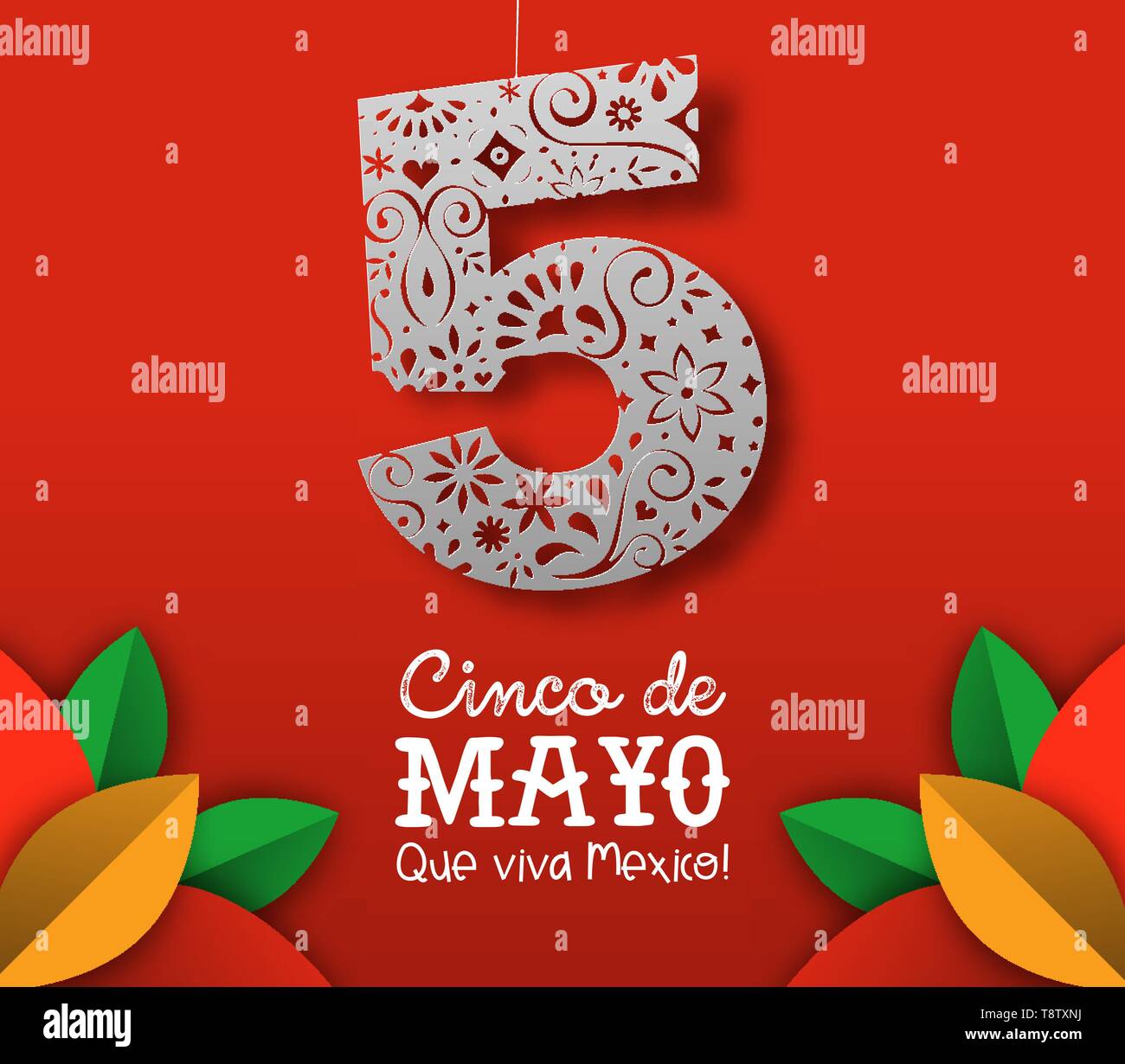 Cinco de Mayo biglietto di auguri in 3d papercut stile. Indipendenza messicana immagine della carta Numero di ritaglio 5 con i simboli di fiori. Illustrazione Vettoriale