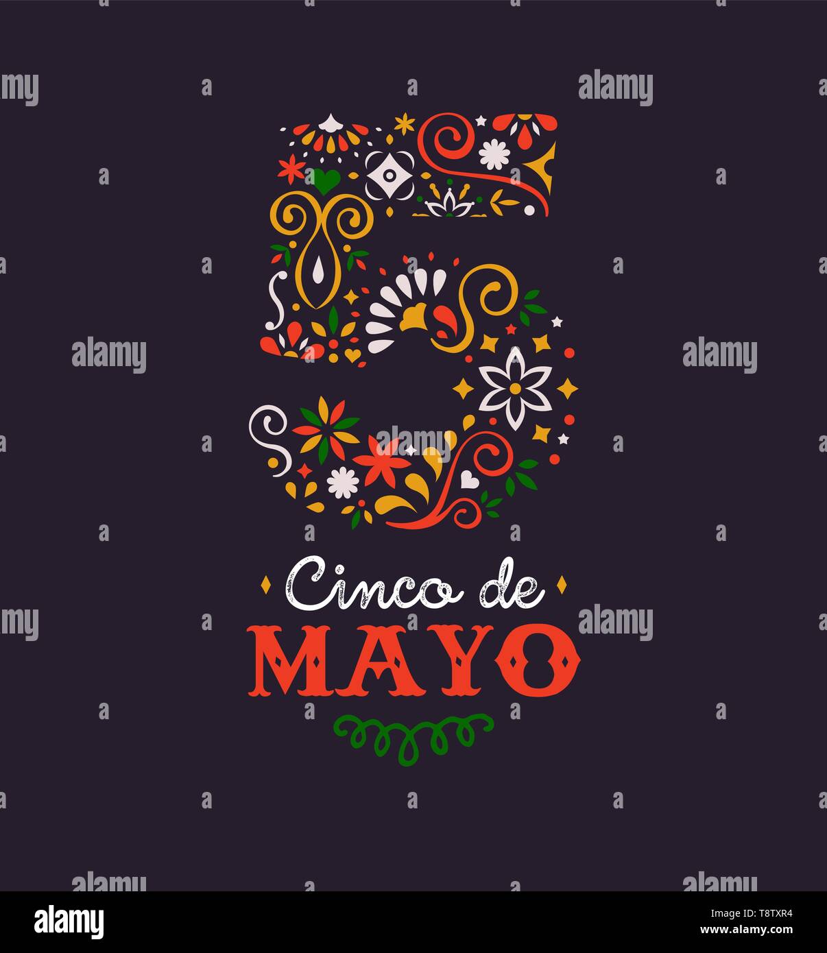 Cinco de Mayo greeting card illustrazione per la celebrazione del Messico vacanza. Numero 5 realizzato in stile Messicano tradizionale decorazioni di fiori con la tipografia Illustrazione Vettoriale