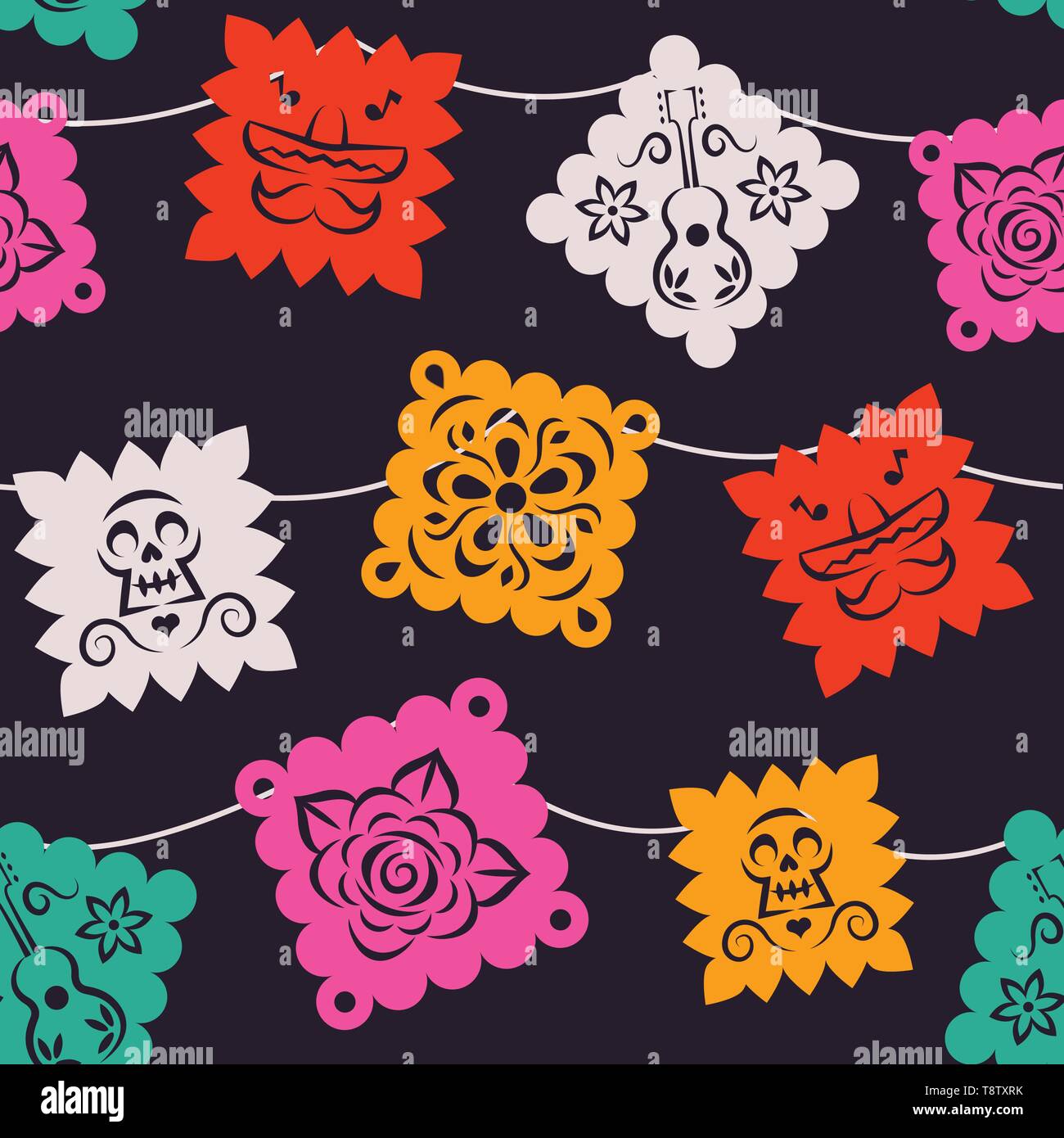 Carta messicano bandiera seamless pattern. Tradizionale papel picado sfondo con mariachi hat, cranio e flower art per il Messico vacanza o evento della coltura. Illustrazione Vettoriale