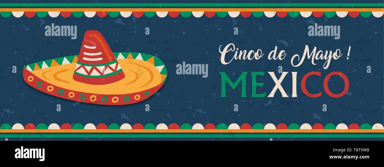 Cinco de Mayo banner web per l'indipendenza messicana celebrazione. Messico tradizionale mariachi hat e bandiera decorazione a colori. Illustrazione Vettoriale