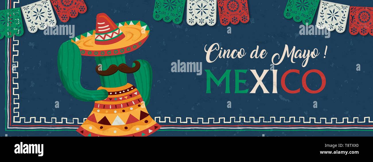 Cinco de Mayo web banner per il Messico celebrazione di indipendenza. Funny cartoon messicano cactus con mariachi hat e baffi. Illustrazione Vettoriale