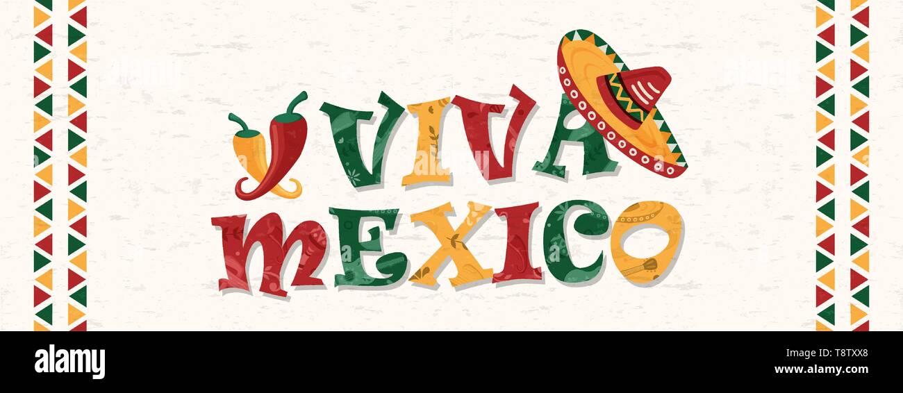 Viva il Messico tipografia preventivo con tradizionale mariachi messicani hat e peperoncino. Banner Web Immagine per paese celebrazione, cultura o evento Illustrazione Vettoriale