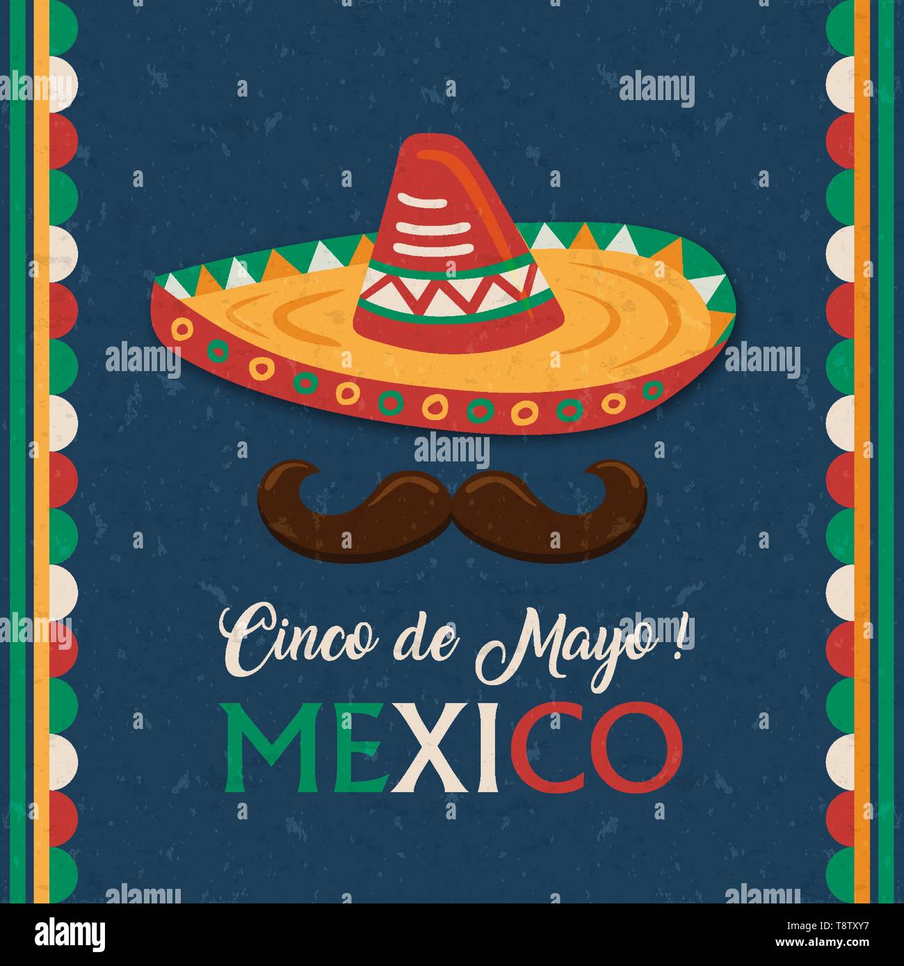 Cinco de Mayo biglietto di auguri per l'indipendenza messicana celebrazione. Messico tradizionale mariachi hat e bandiera decorazione a colori. Illustrazione Vettoriale
