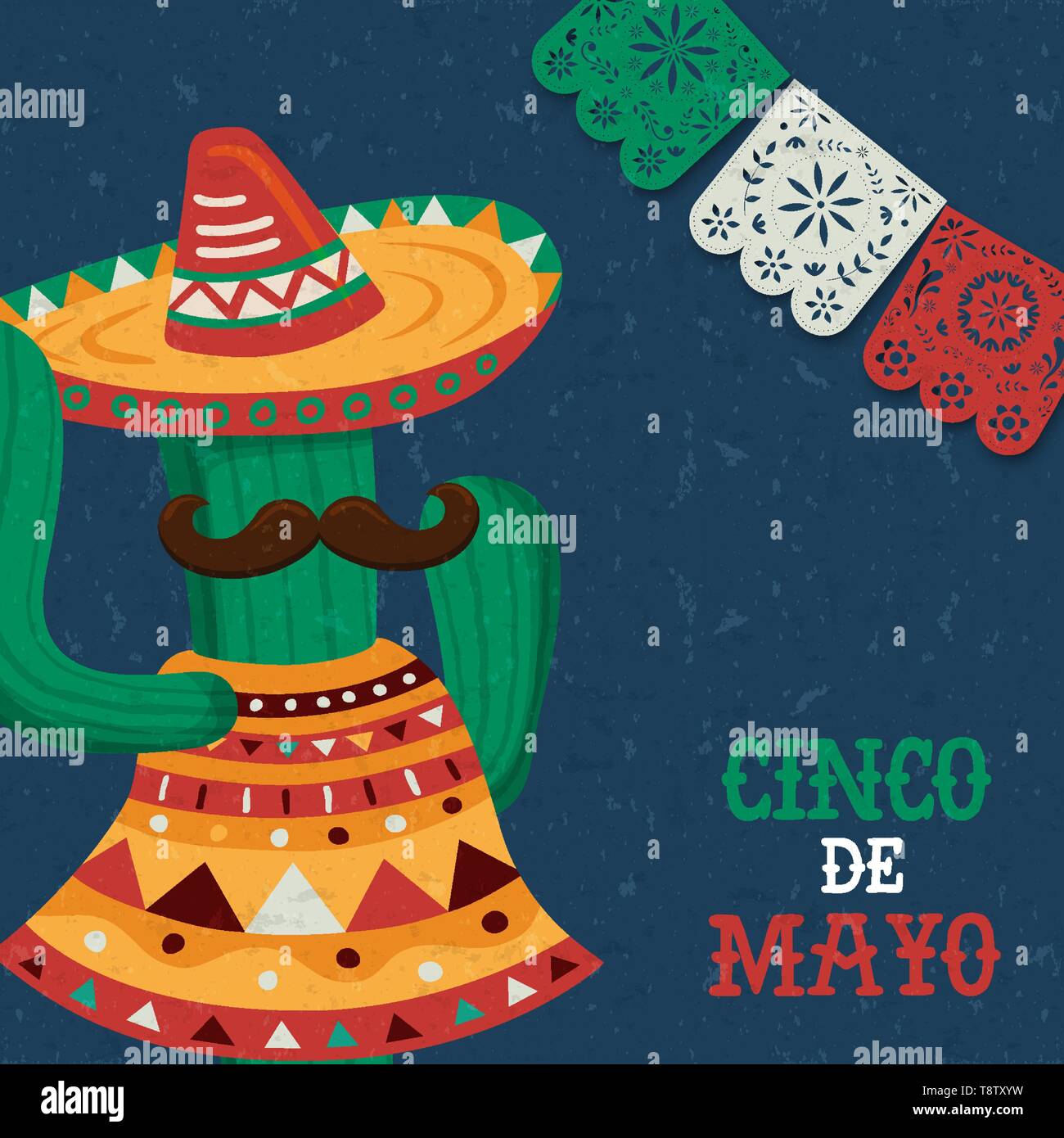 Cinco de Mayo biglietto di auguri per il Messico celebrazione di indipendenza. Funny cartoon messicano cactus con mariachi hat e baffi. Illustrazione Vettoriale