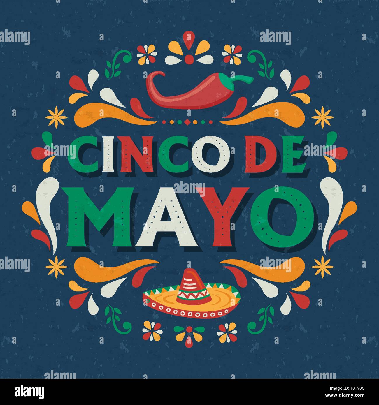 Cinco de Mayo biglietto di auguri per l'indipendenza messicana vacanza. Tipografia festosa preventivo con tradizionali decorazioni del Messico, peperoncino e mariachi Illustrazione Vettoriale
