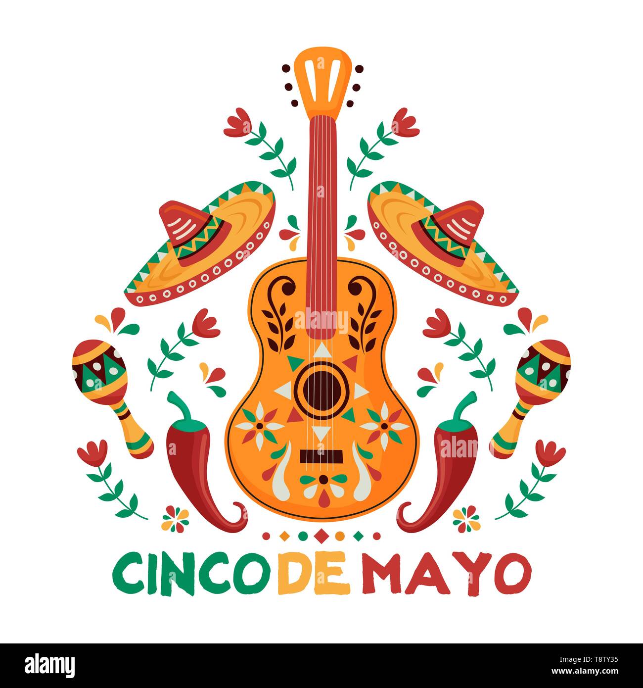 Cinco de Mayo biglietto di auguri per l'indipendenza messicana celebrazione. Tradizionale chitarra mariachi e la cultura del Messico decorazione. Include le maracas, cappello, ch Illustrazione Vettoriale