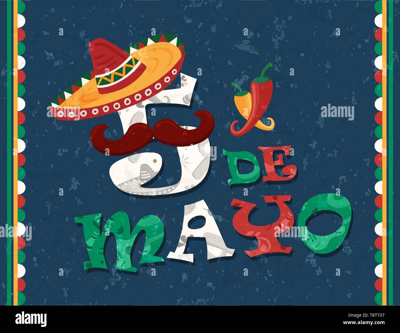 Cinco de Mayo biglietto di auguri per l'indipendenza messicana celebrazione. Funny numero 5 con i tradizionali messico mariachi hat e baffi. Illustrazione Vettoriale