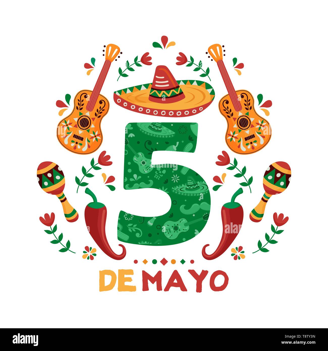 Cinco de Mayo biglietto di auguri per l'indipendenza messicana celebrazione. Numero 5 segno con la tradizionale cultura mariachi decorazione. Include le maracas, cappello, c Illustrazione Vettoriale