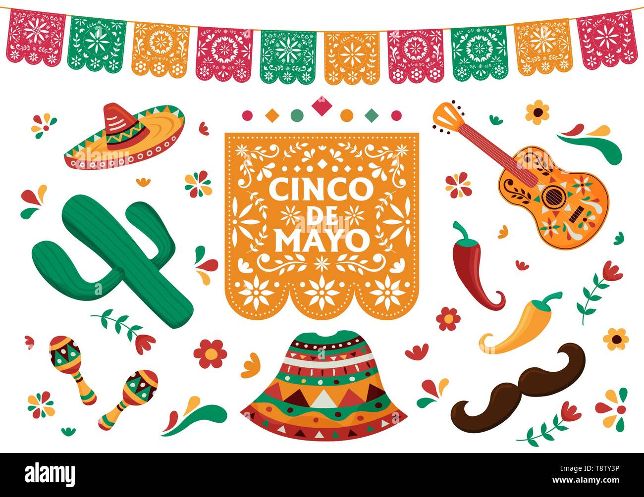 Cinco de Mayo impostato per l'indipendenza messicana celebrazione. Tradizionale cultura del Messico raccolta di decorazione. Include la chitarra, maracas, mariachi hat, cact Illustrazione Vettoriale