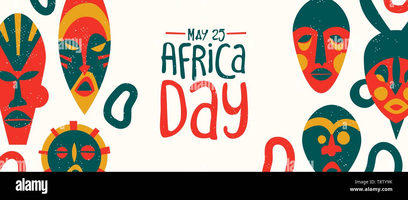 25 Maggio Giornata per l Africa di banner per il web di colorati tribali maschere africane. Tradizionale etnica arte illustrazione per la Freedom Holiday. Illustrazione Vettoriale