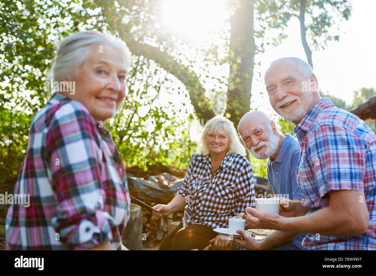 Gruppo di anziani come i pensionati e gli amici hanno caffè insieme in giardino Foto Stock