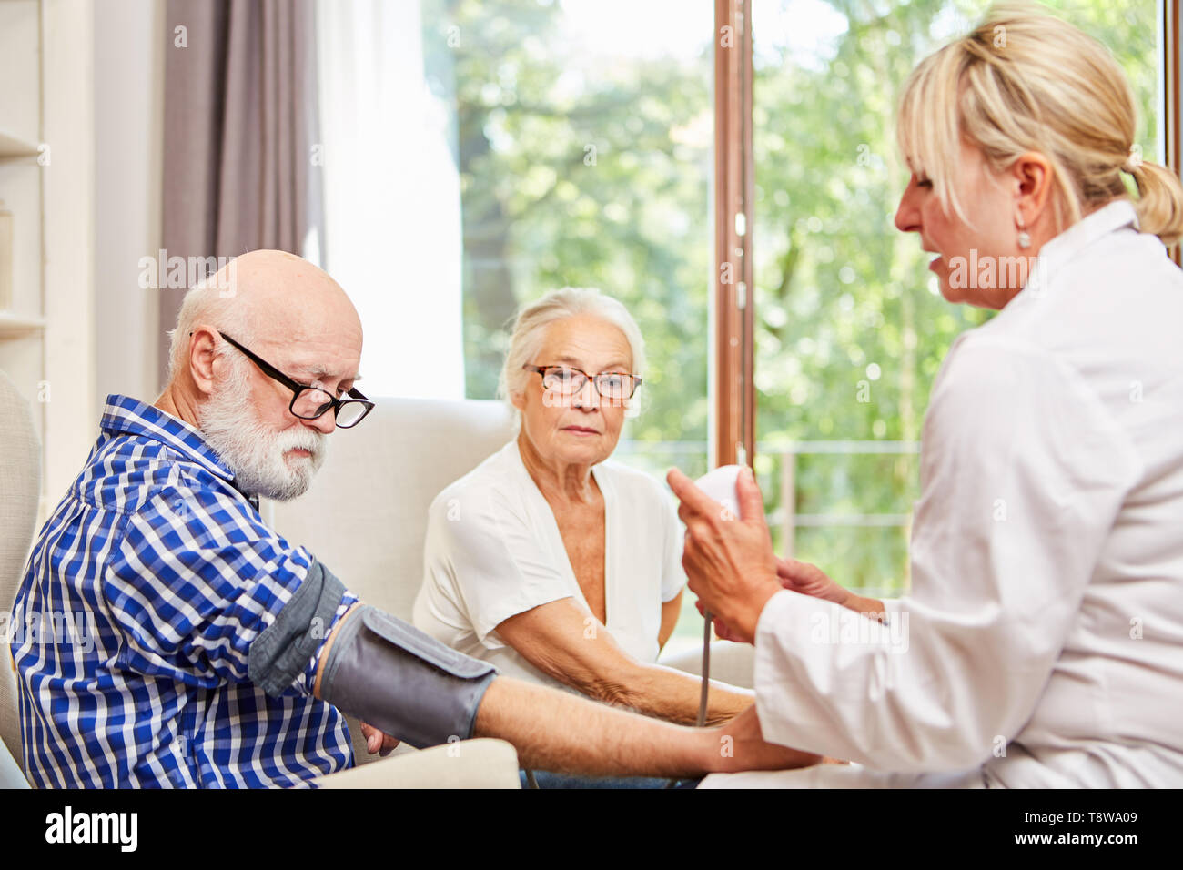 Medico donna misura la pressione sanguigna di un paziente anziano in condizioni di vita assistita Foto Stock