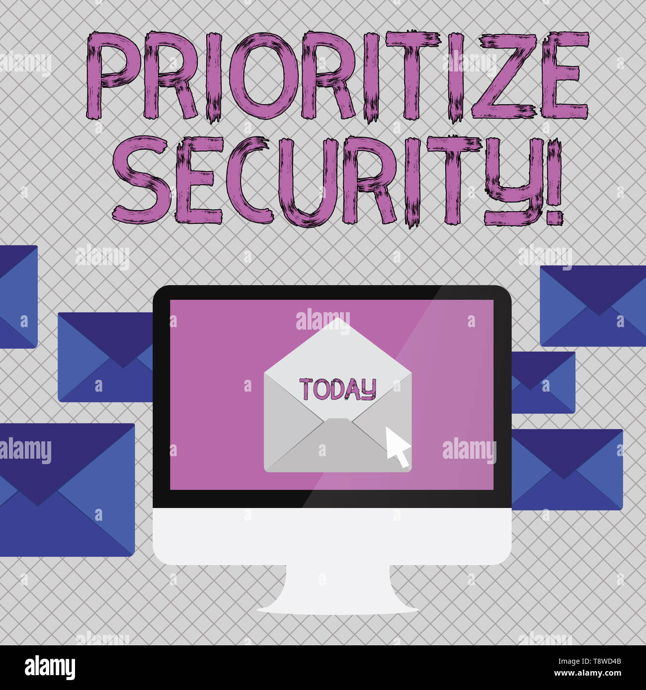 La grafia la scrittura di testo Priorità della sicurezza. Foto concettuale designare rischio di protezione come più importante per risolvere aprire la busta di colore all'interno di Computer Foto Stock