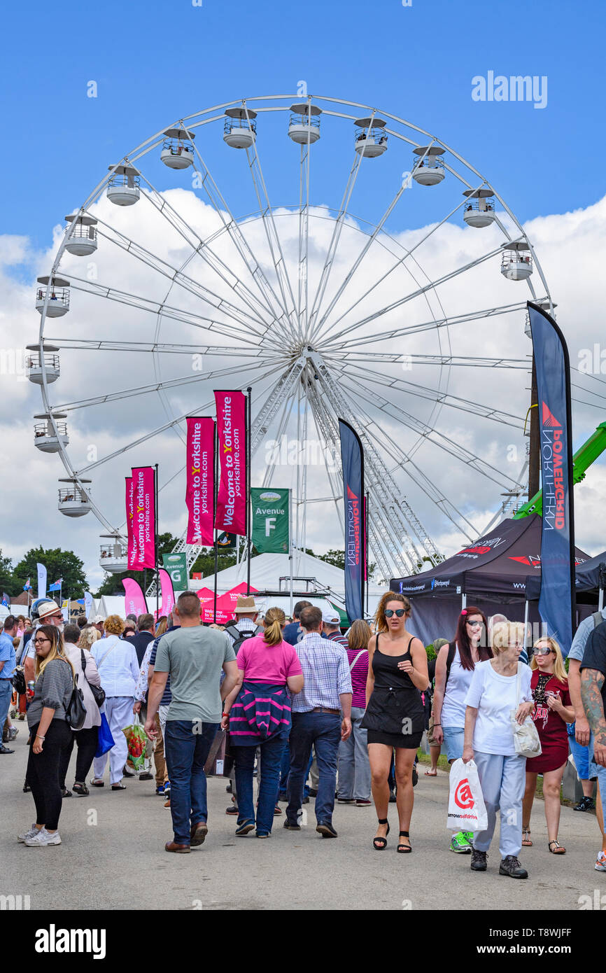 Grande folla di persone a occupato showground, oltrepassando stand commerciali, mostre & torreggianti grande ruota - Grande spettacolo dello Yorkshire, Harrogate, Inghilterra, Regno Unito. Foto Stock