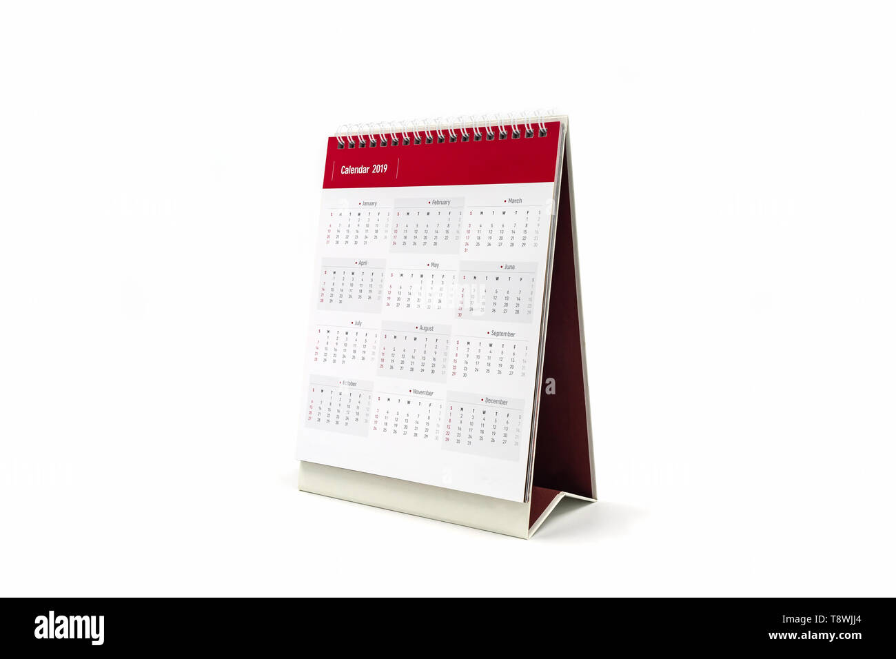 Libro bianco desk calendario a spirale 2019 isolati su sfondo bianco. Foto Stock