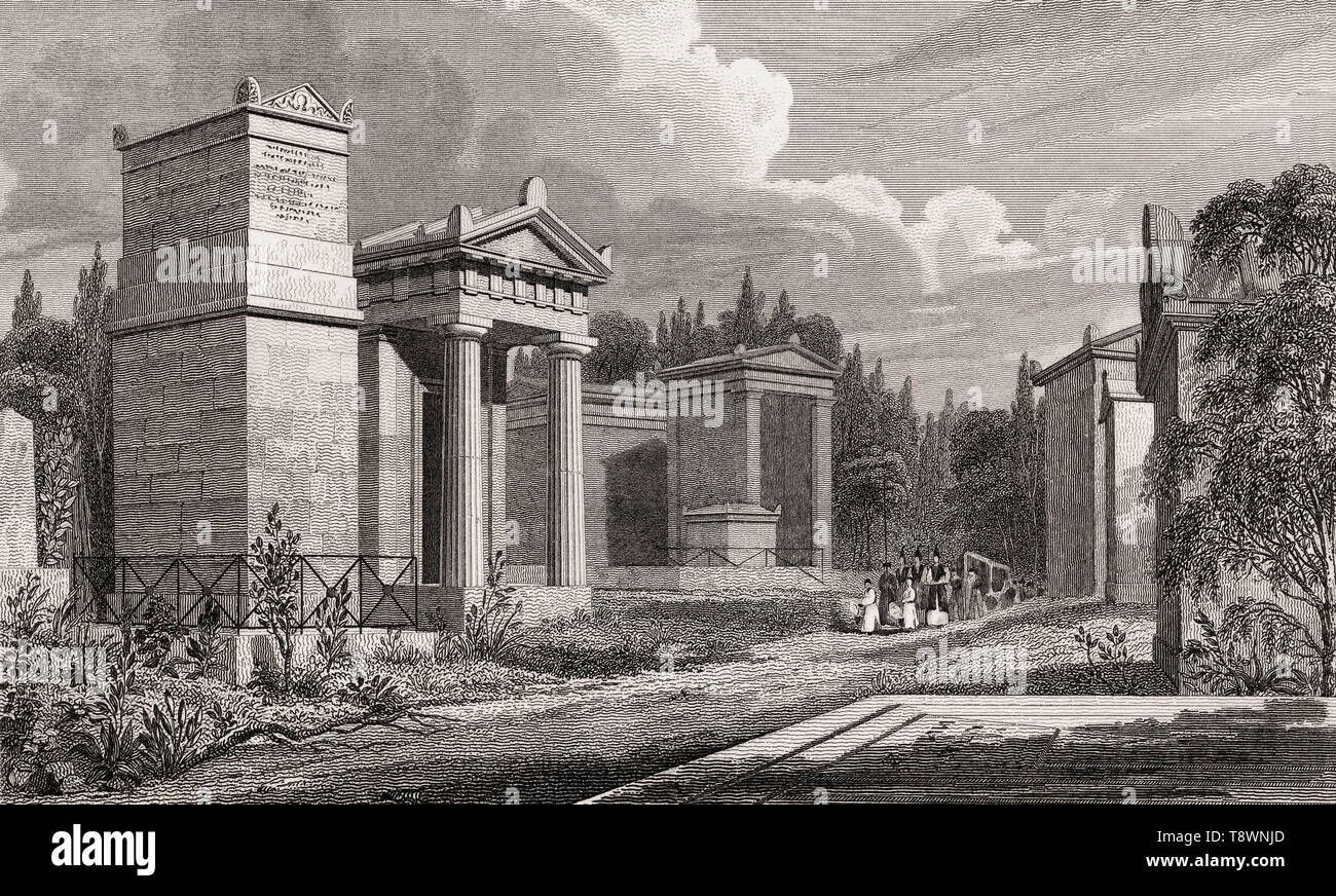 Cimitero di Père Lachaise, Parigi, antichi di acciaio inciso stampa, 1831 Foto Stock