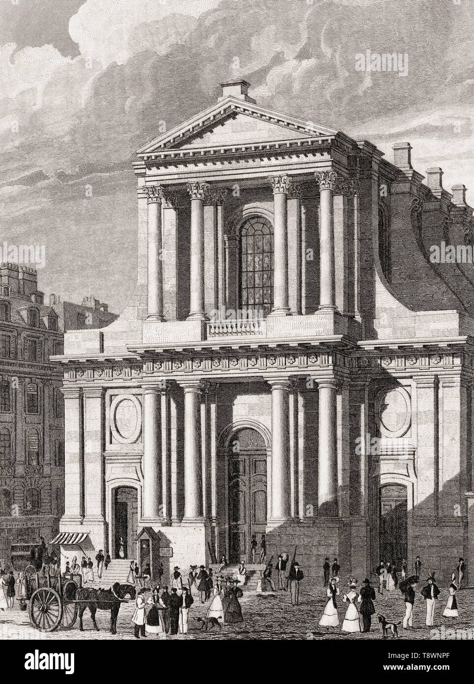 Il Tempio Protestante de l'Oratoire du Louvre, Parigi, antichi di acciaio inciso stampa, 1831 Foto Stock