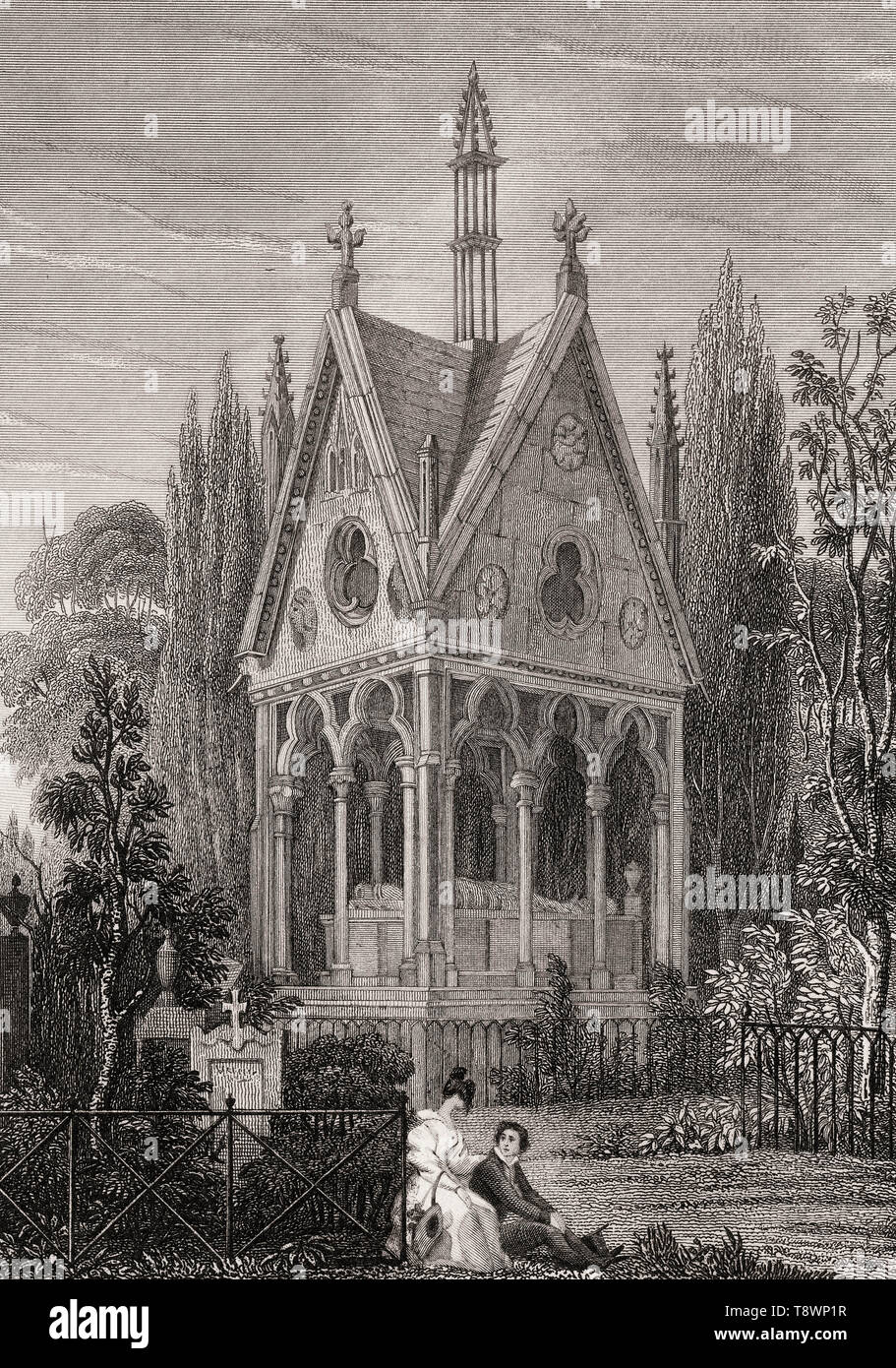 Il monumento di Abelardo e Heloise, il Cimitero di Père Lachaise, Parigi, antichi di acciaio inciso stampa, 1831 Foto Stock