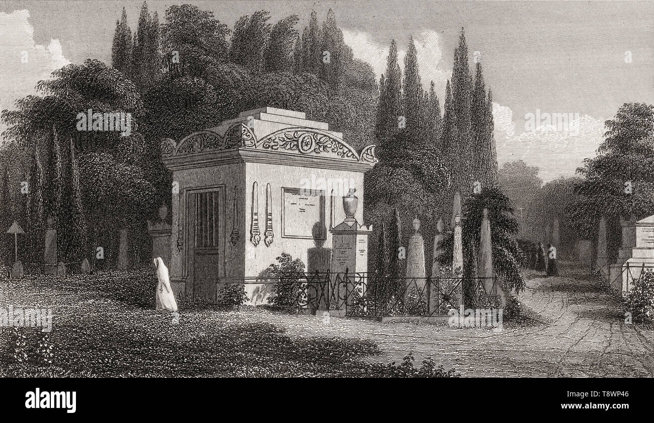 Cimitero di Père Lachaise, Parigi, antichi di acciaio inciso stampa, 1831 Foto Stock
