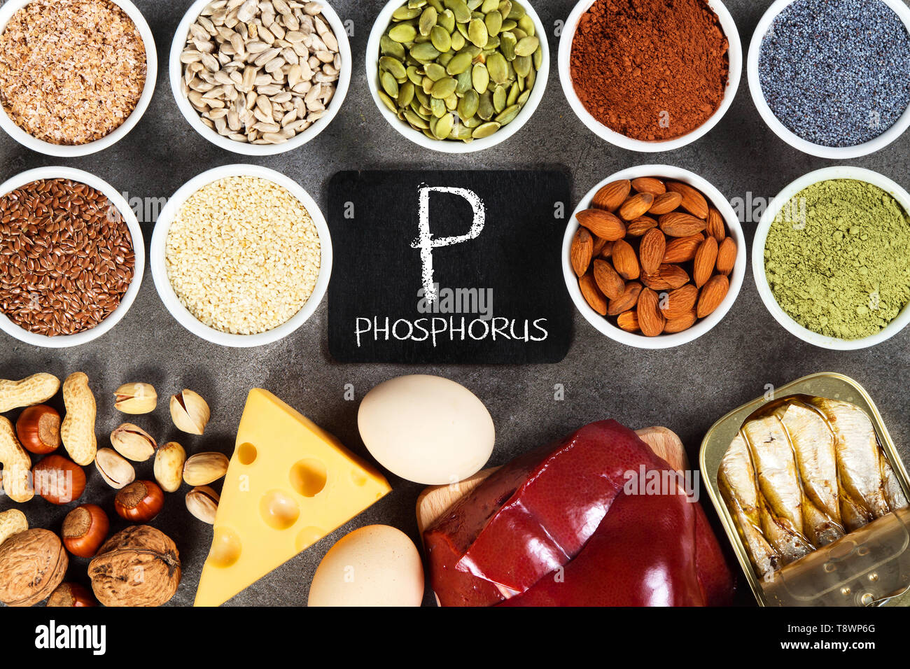Fosforo organico fonti. Gli alimenti più elevato in fosforo. Foto Stock