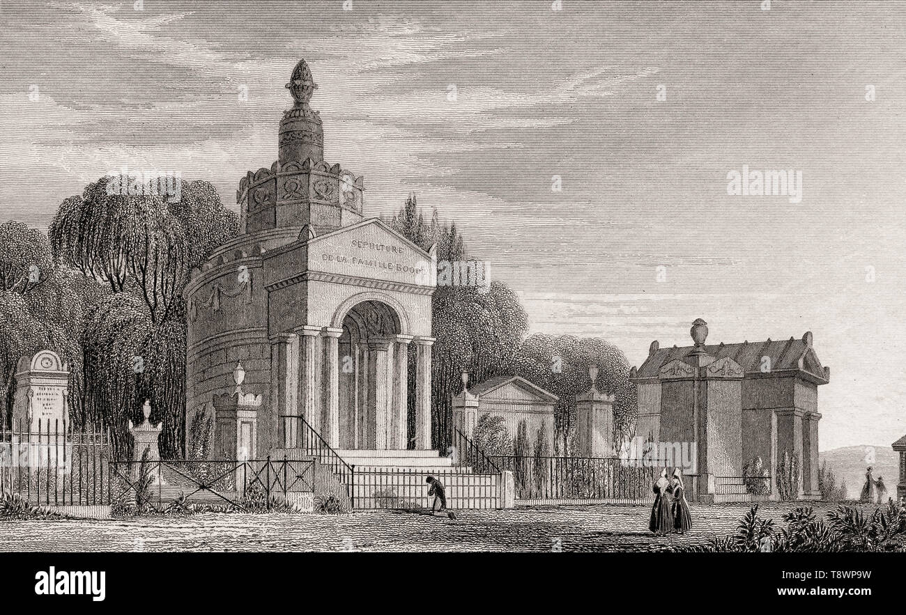 Cimitero di Père Lachaise, Parigi, antichi di acciaio inciso stampa, 1831 Foto Stock
