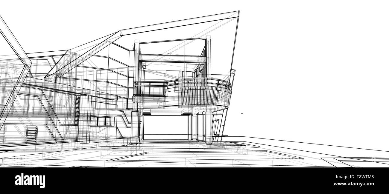 Architettura la facciata esterna design concept di prospettiva 3d nero rendering wireframe isolato sullo sfondo bianco. Per abstract sfondo d Foto Stock