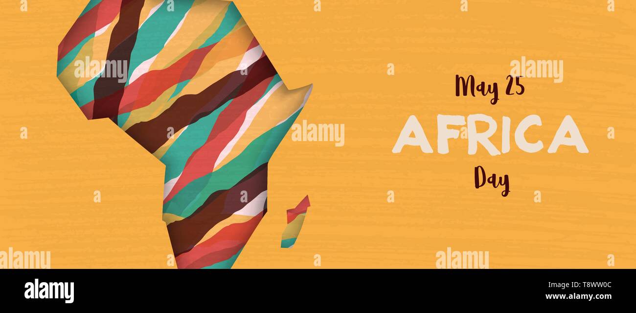 Giornata dell'Africa banner illustrazione per 25 maggio celebrazione. Il continente africano papercut mappa con colorati arte astratta. Illustrazione Vettoriale